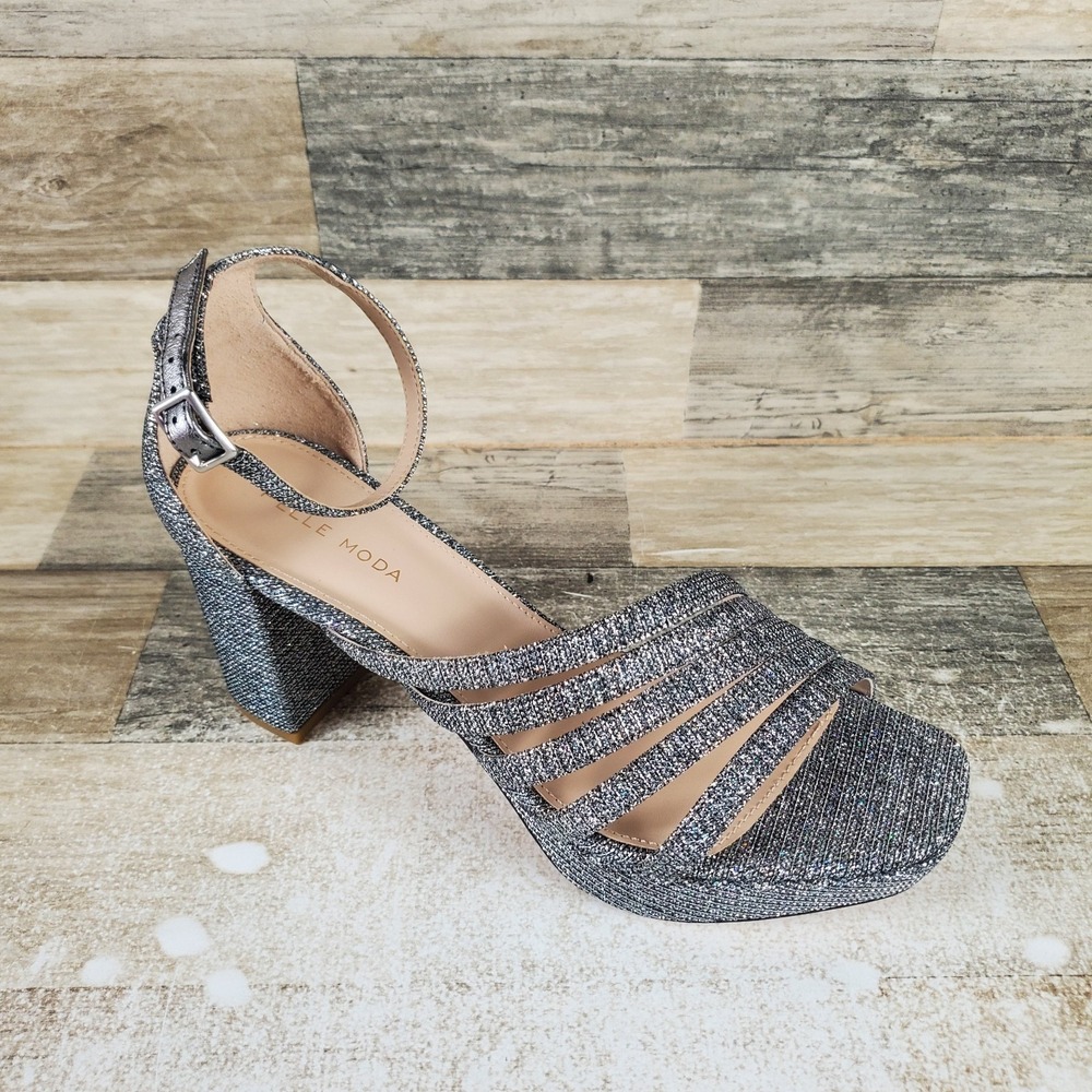 Pelle Moda Anber Womens Strappy Sandal Sz 8.5 M Pewter Glitter Buckle Ankle Heel